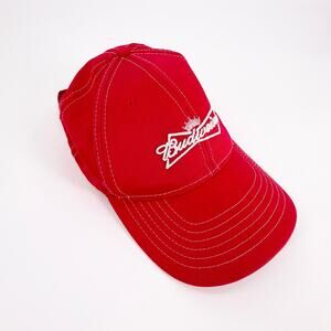 Budweiser Embroidered Red Baseball Hat White Contrast Stitch Adjustable Cap EUC